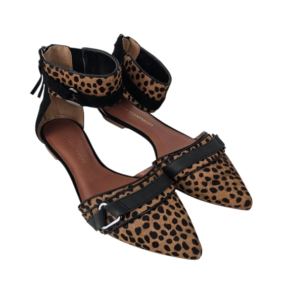 Rebecca Minkoff Leopard Print Calf Hair Ankle Strap Flats Pointed Toe Size 7M - Picture 1 of 11